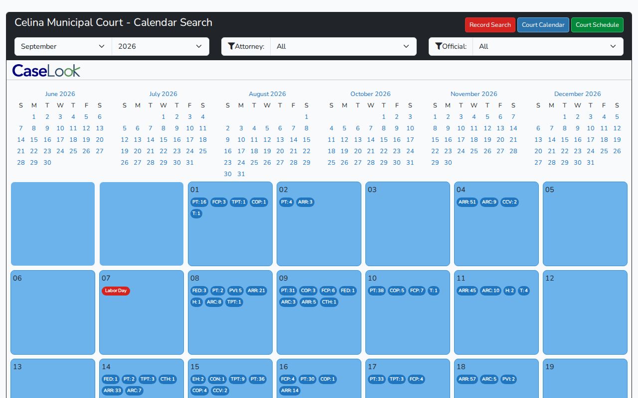Clay County bench warrant search: Celina CaseLook calendar filters