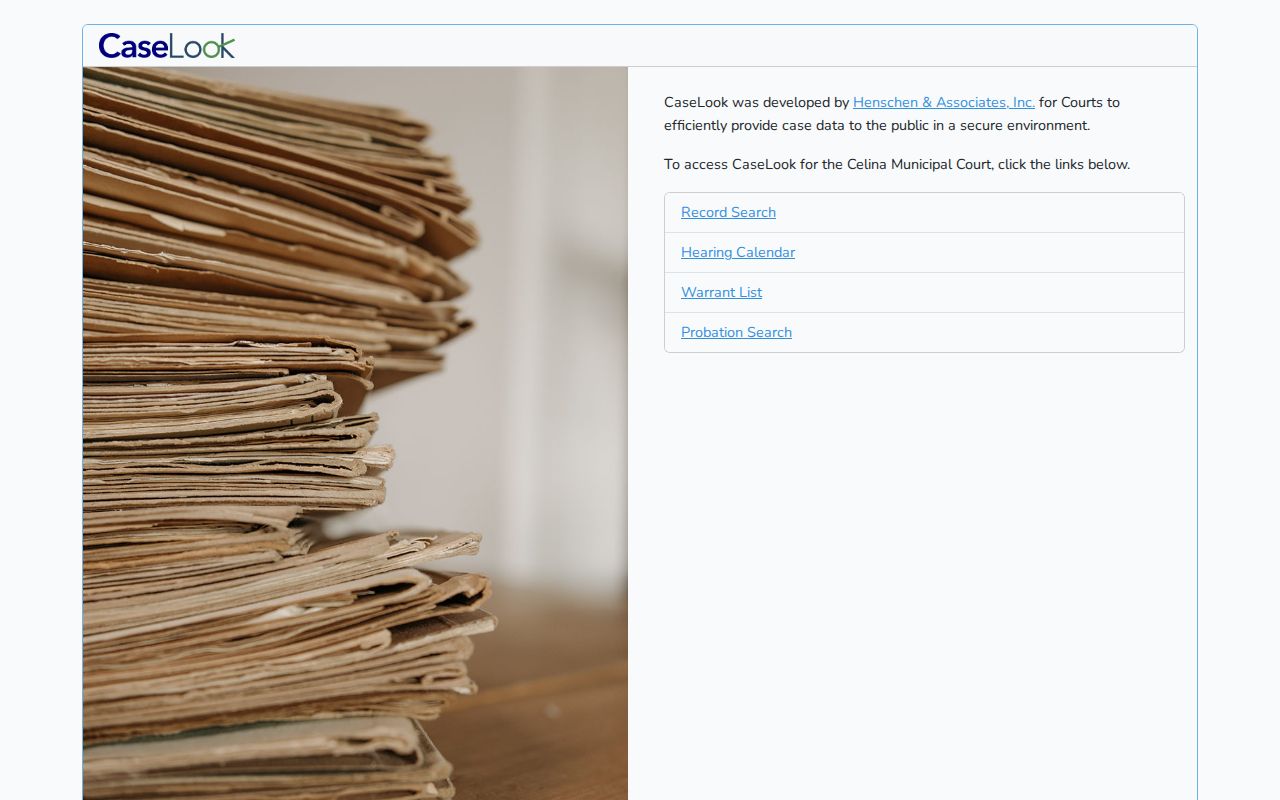 Celina warrant search: Municipal Court CaseLook landing page and search links